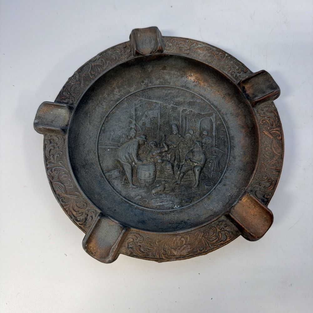 Vintage Ornate Heavy Vintage Solid Brass Cigar Ashtray With Raised Picture Scene